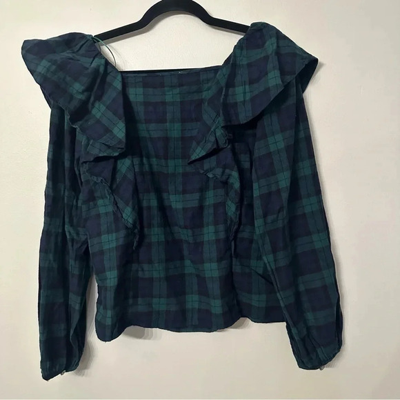 J. Crew Women's Long Sleeve Navy/Green Flannel Square Neck Ruffle Top Size M NWT - Picture 9 of 9